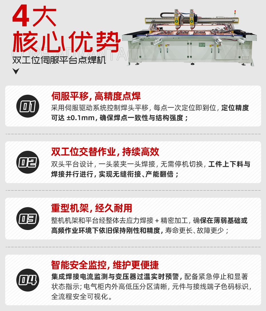 雙工位伺服平臺點(diǎn)焊機(jī)詳情核心優(yōu)勢